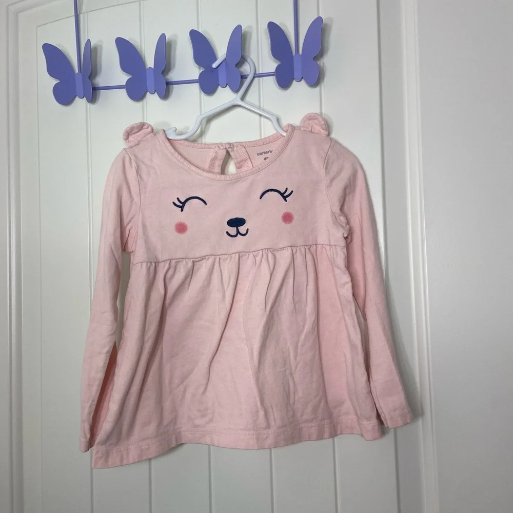 NWOT Carter’s toddler girl’s pale pink bear face decal long sleeve shirt 4T‎